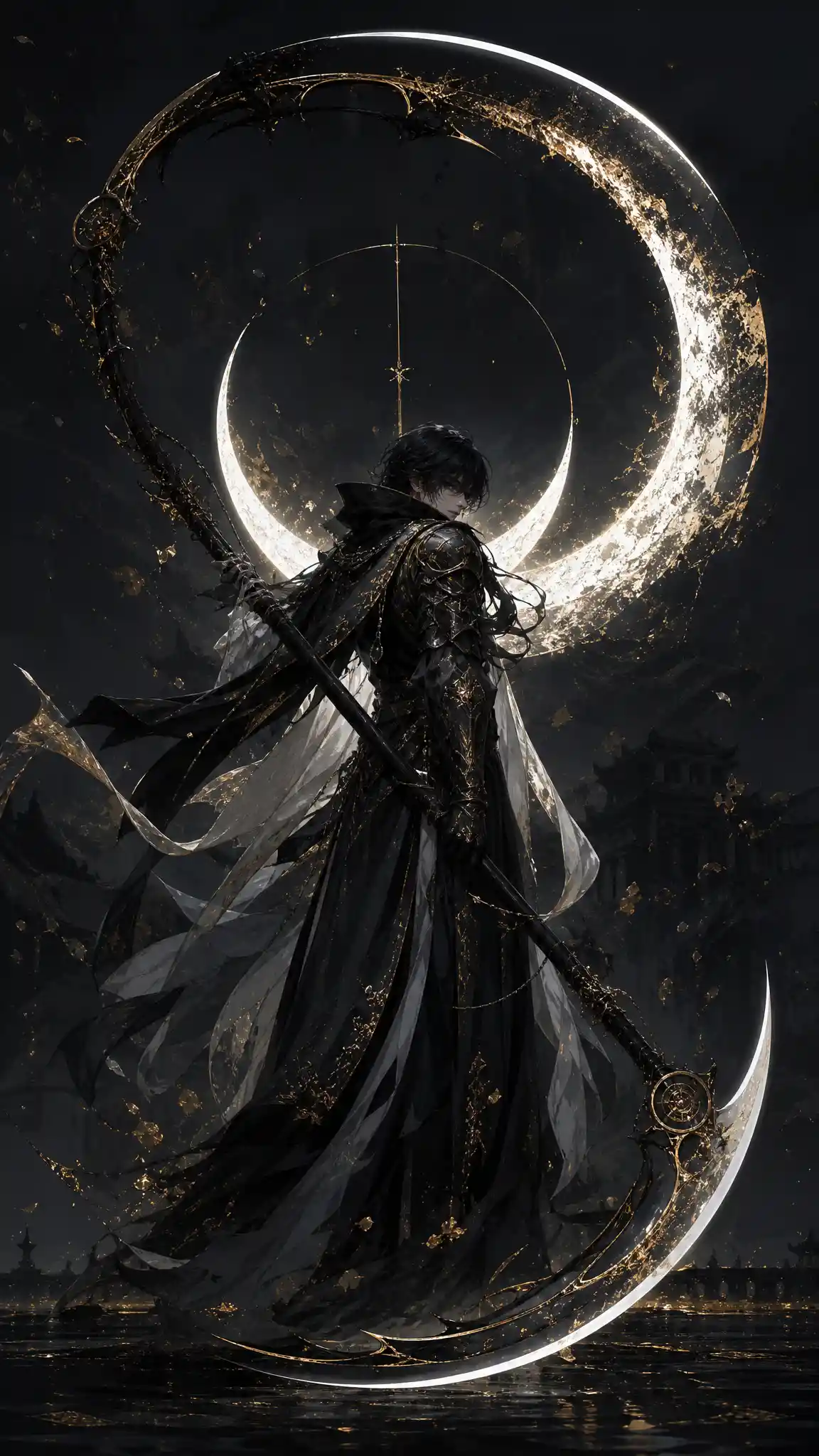 Dark 3D grim reaper with crescent scythe in armor