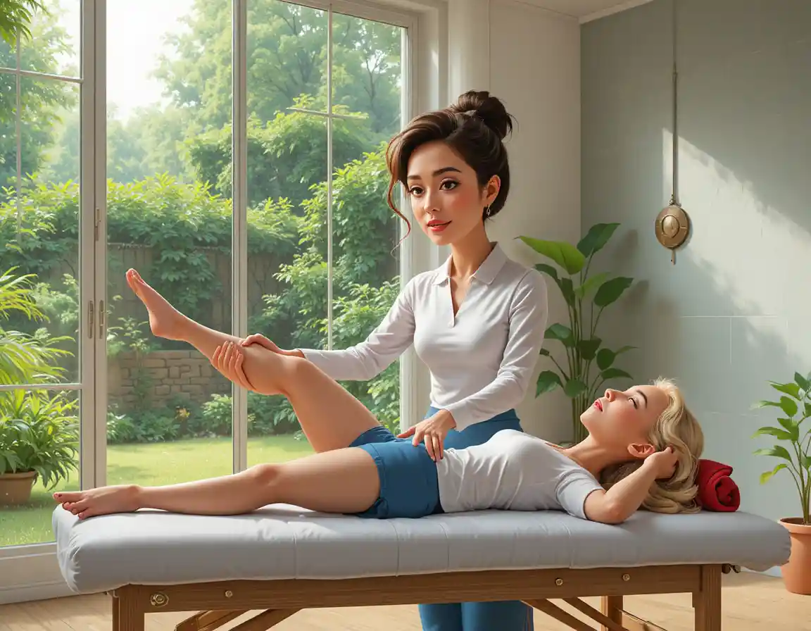 Physiotherapist stretching a patients leg in bright therapy room