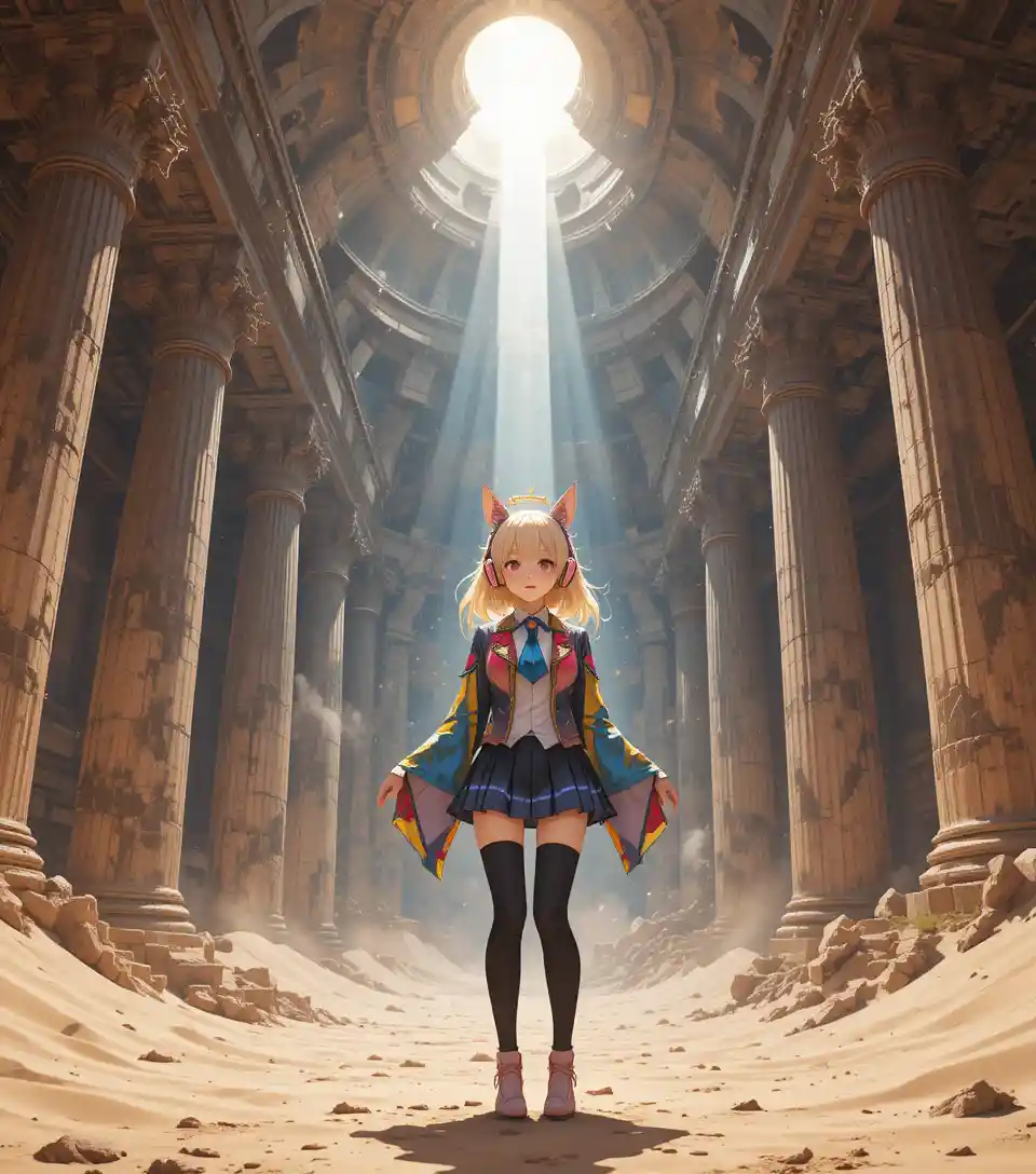 Anime girl in ancient underground desert ruins