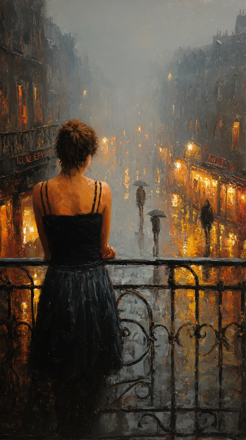 Woman on balcony overlooking rainy european city street
