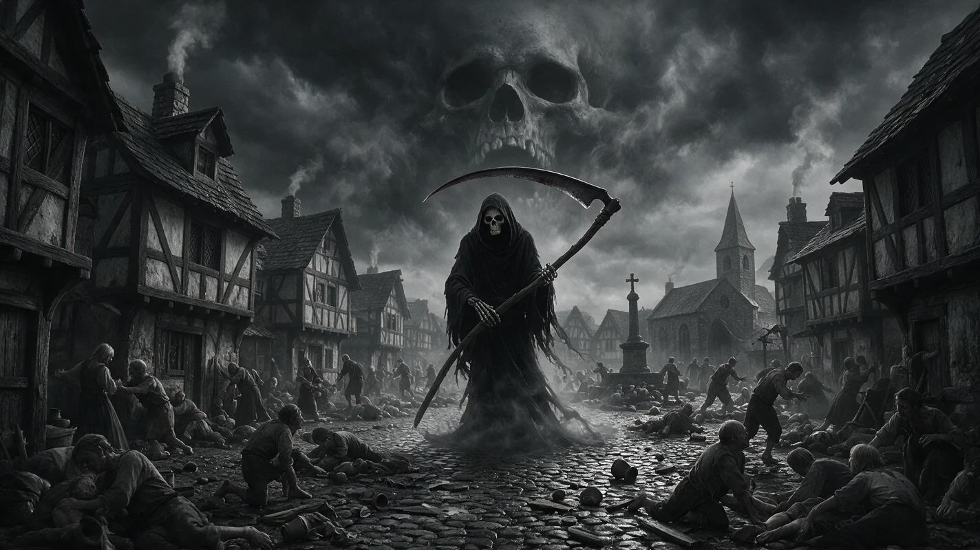 Terrifying grim reaper over plague ridden grayscale village