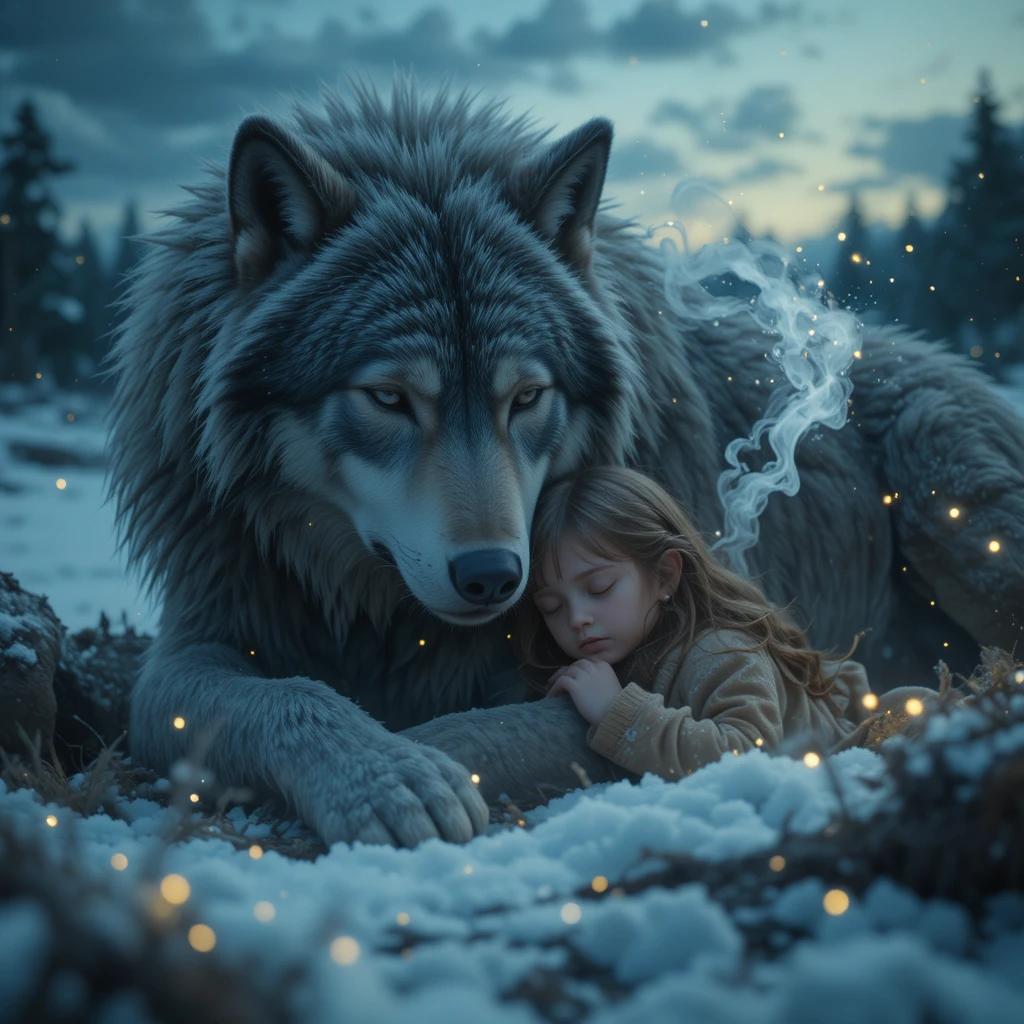 Tiny child sleeping safely against a colossal wolf guardian