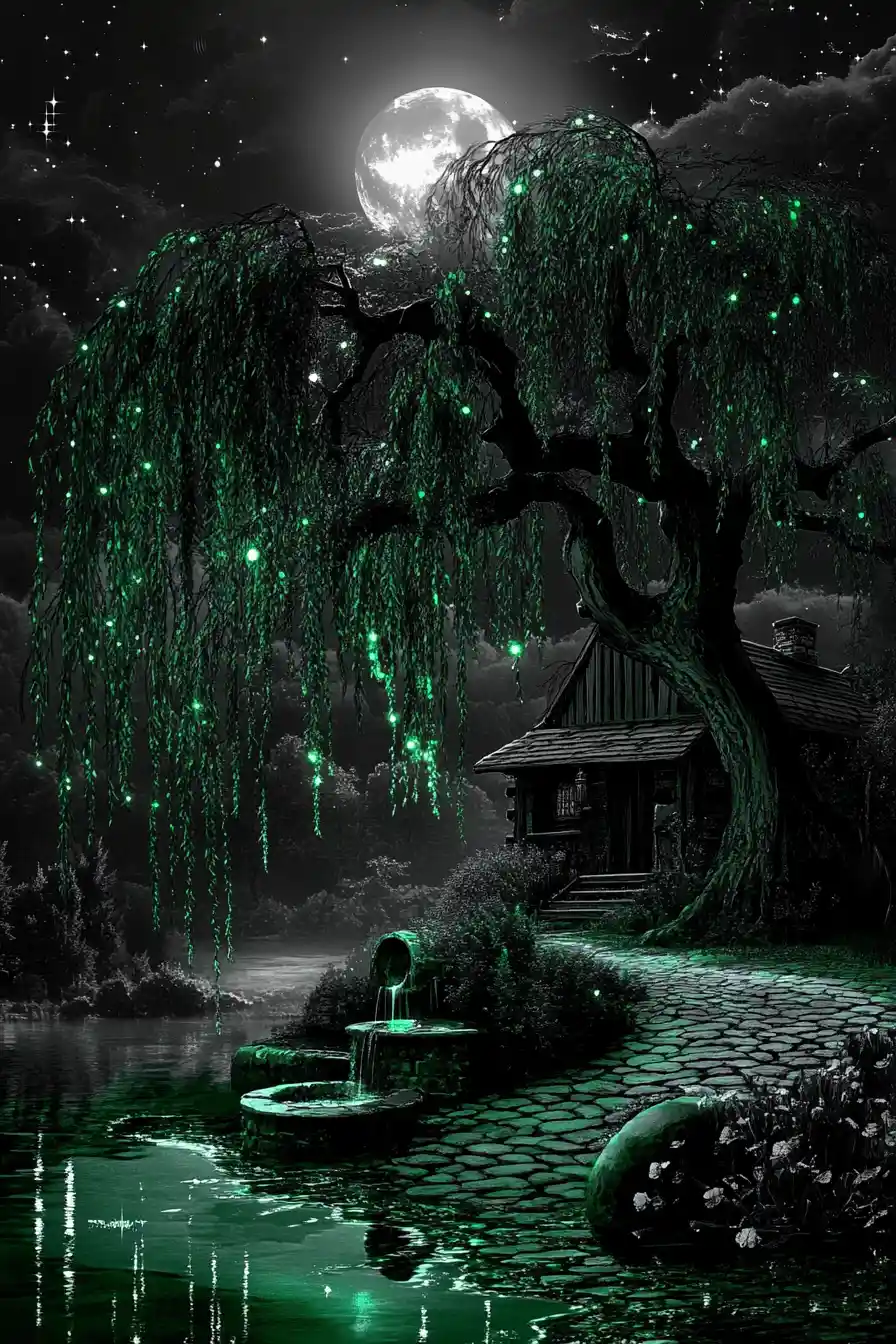 Moonlit weeping willow above a forest cabin and well