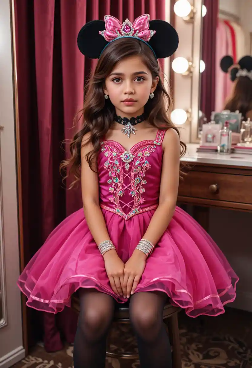 Hispanic child in pink princess dress at vanity stool