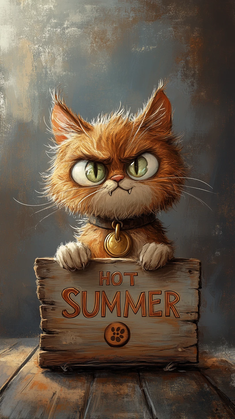 Anxious cartoon cat with hot wooden sign in studio
