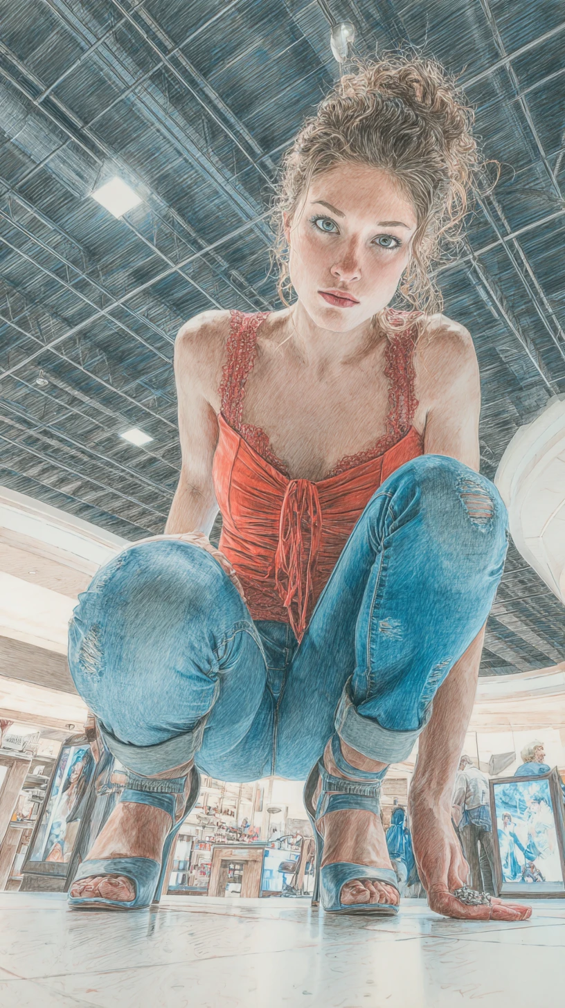 Young woman crouching in a mall from a low angle