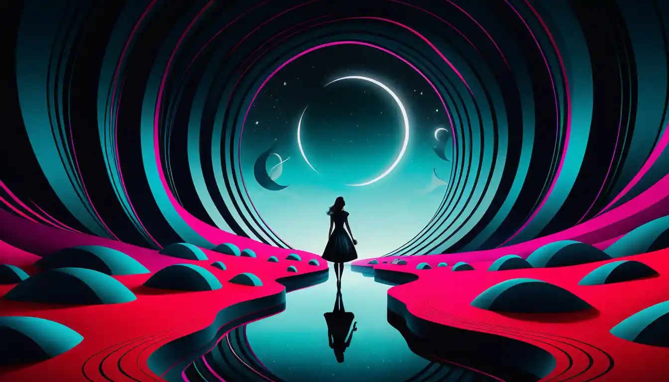 Eerie abstract illustration of twisted forms and bold repeating patterns