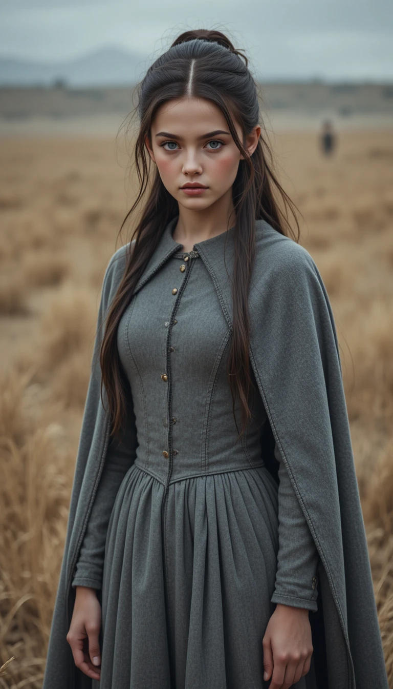 Teen girl in grey dress standing in dry grass field