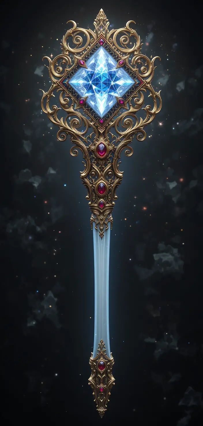 Ornate magical scepter with glowing crystal and gemstones