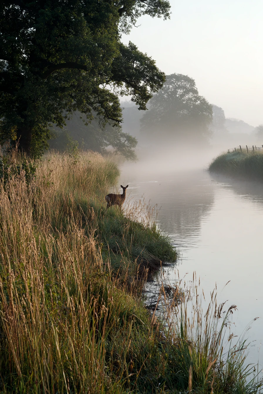 Deer Drinking Beside A Misty Riverside At Dawn