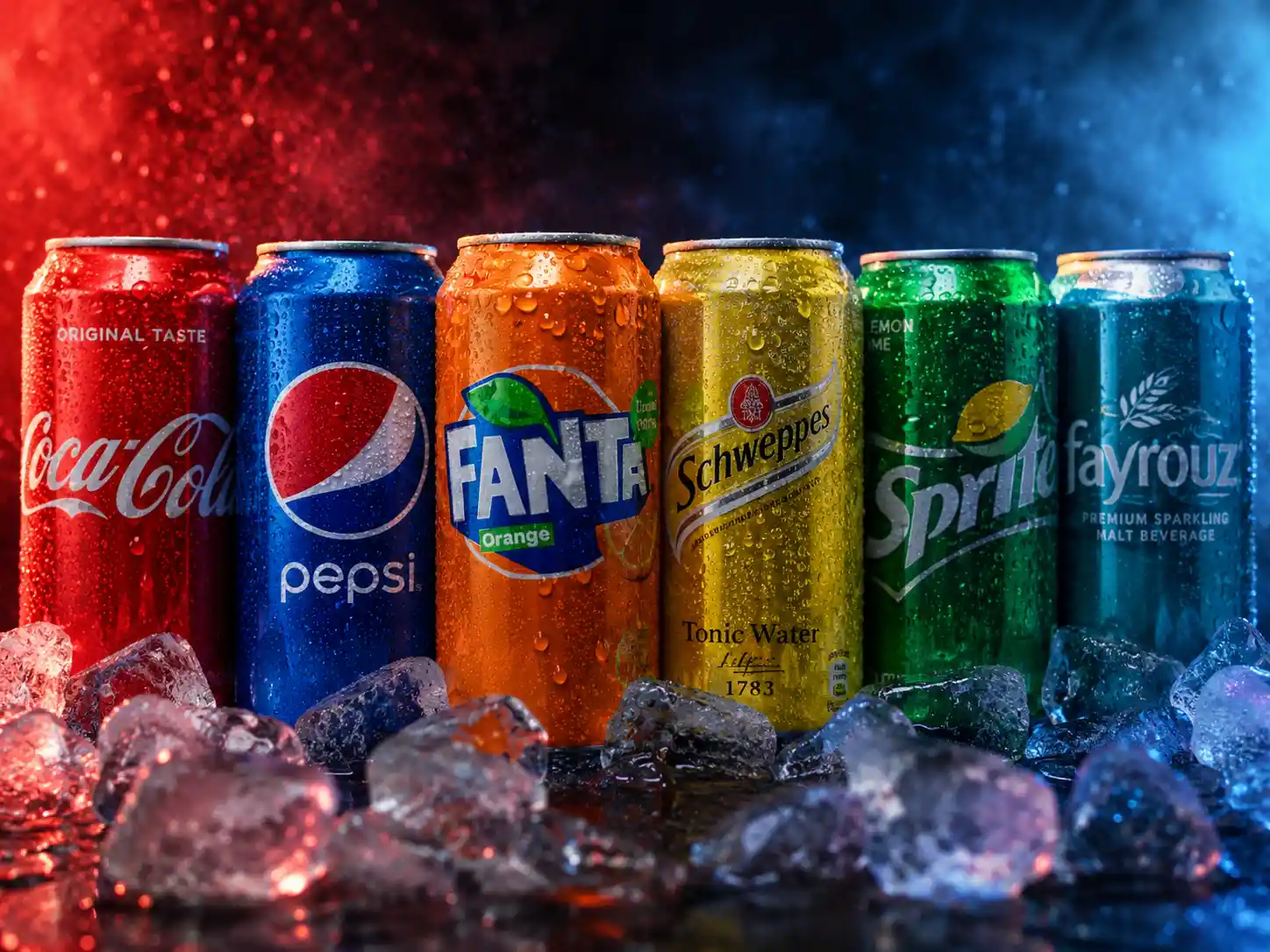 Macro soda cans with condensation and colorful lighting