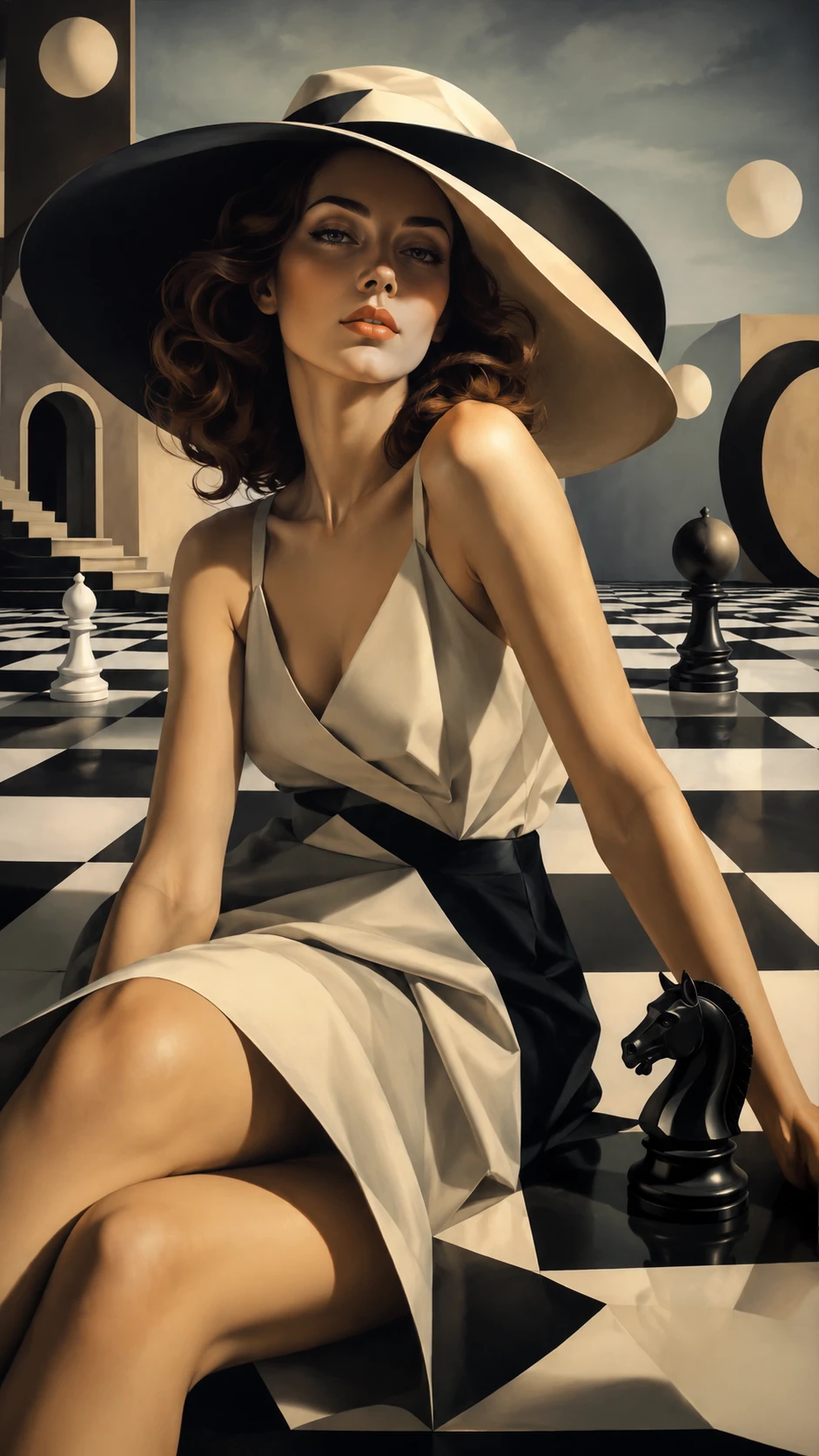 Retrato de joven elegante sobre suelo de ajedrez geométrico