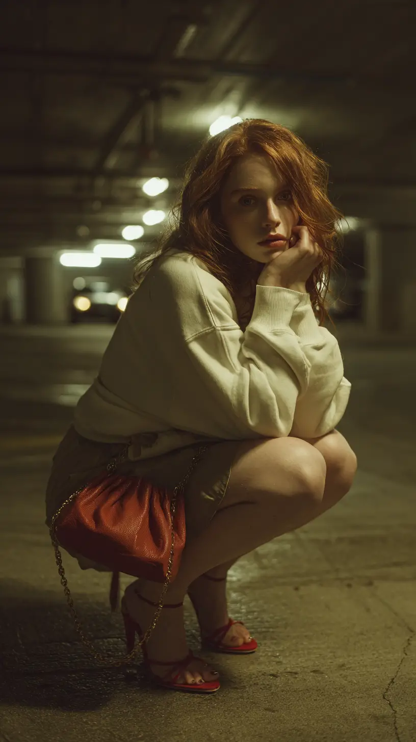 Red haired woman posing in dim underground parking