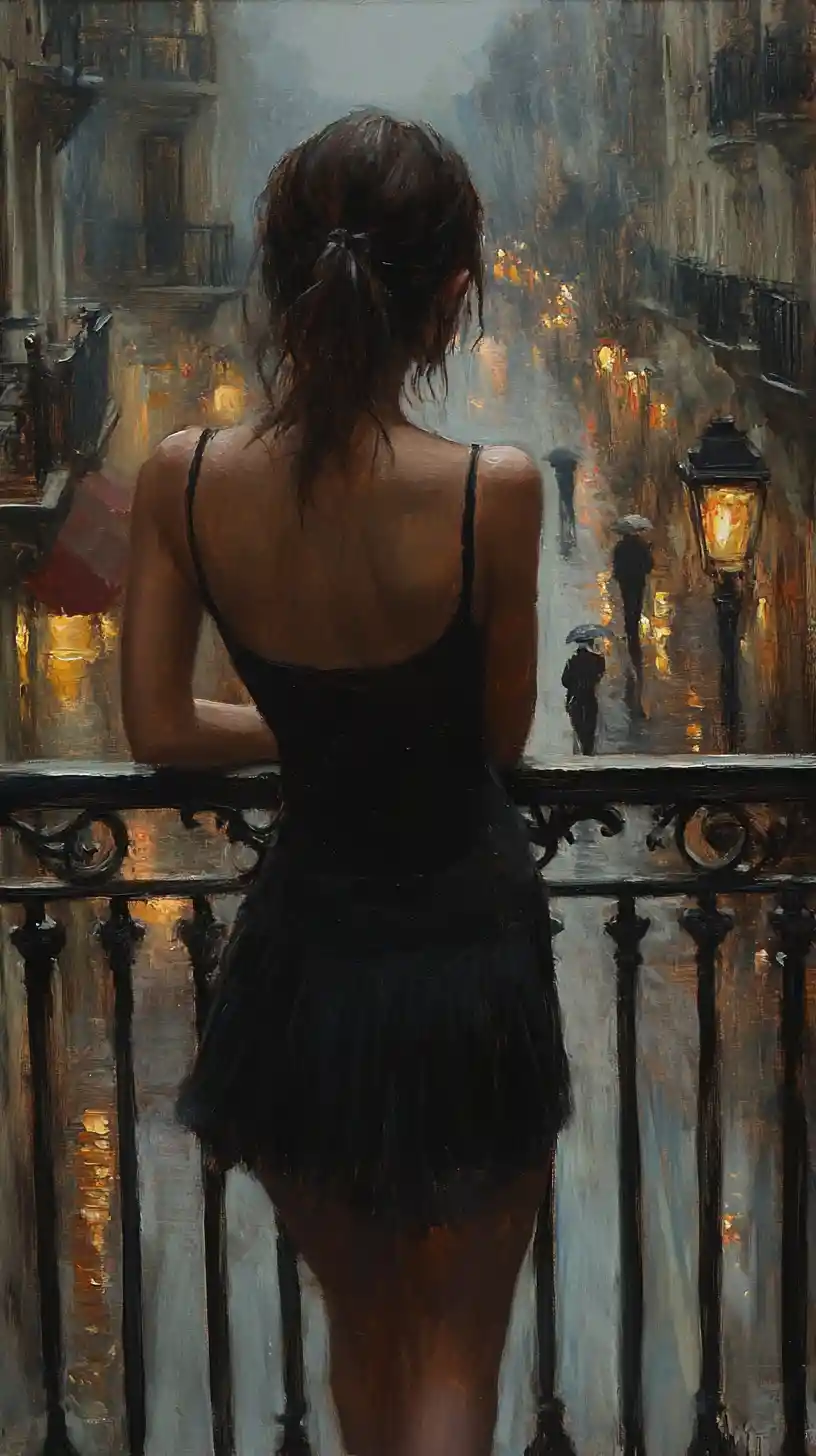 Woman on balcony overlooking rainy old city street