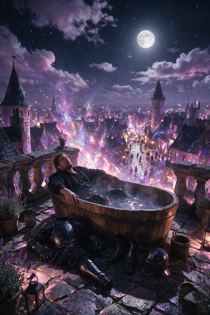 Man in outdoor bathtub beside scattered medieval armor pieces