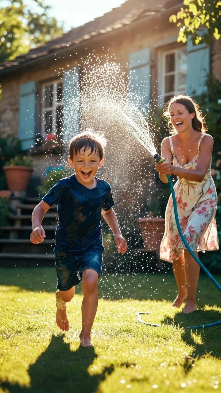 Mother and son playing in a sunny cottage garden