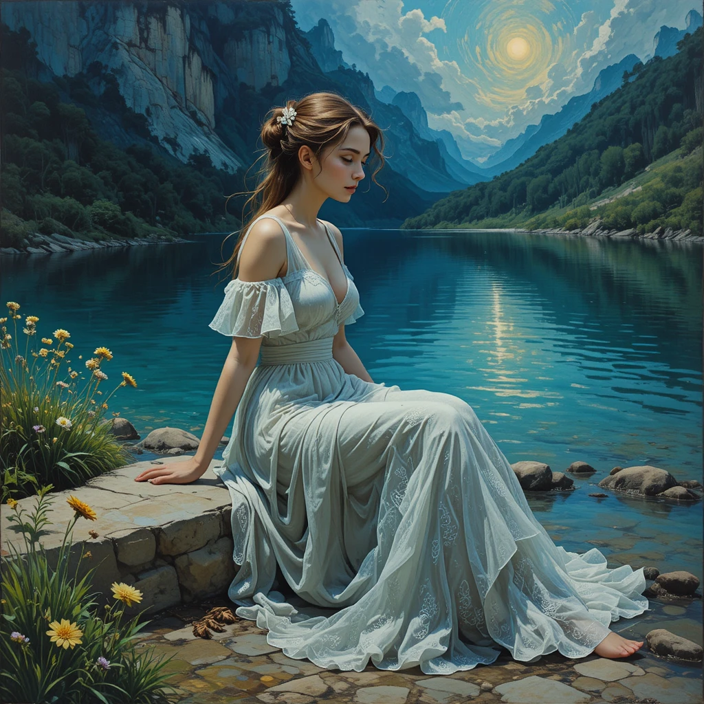 Young Greek woman in a dreamy dress by a summer river