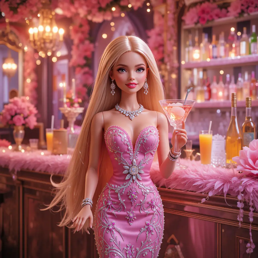 Glamouröse Puppe mit Mocktail an dekorierter Partybar