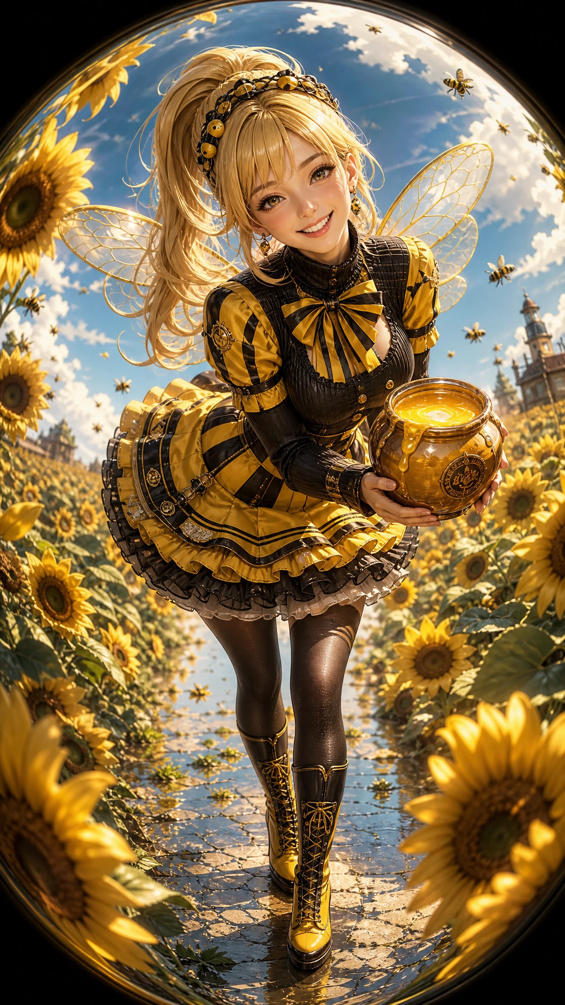 Hada abeja niña con tarro de miel en campo de girasoles