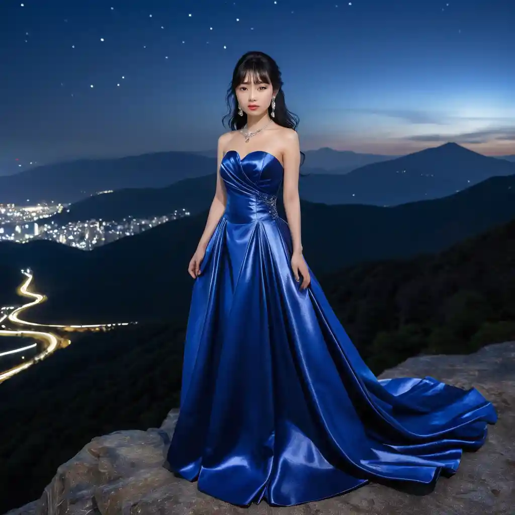 Elegant woman in blue satin gown on a mountain night