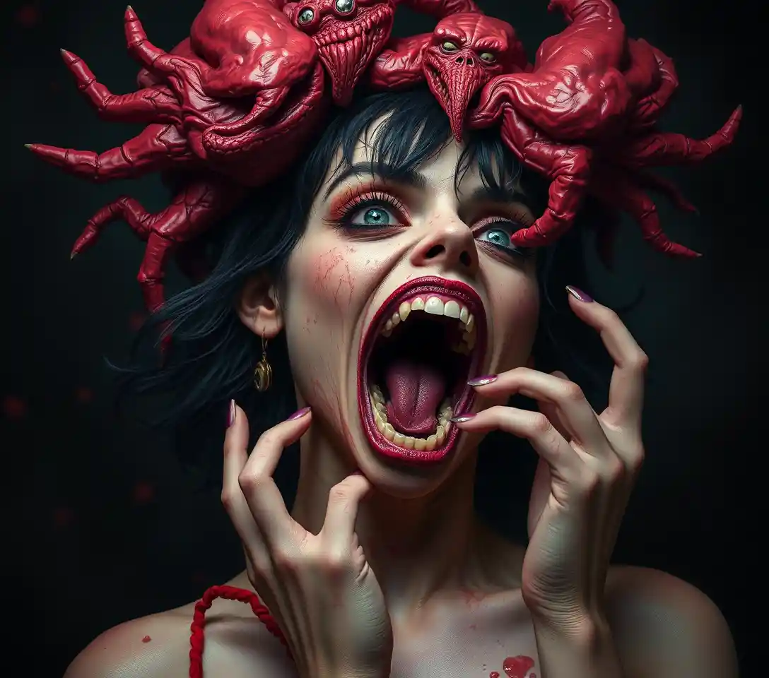 Surreal pop horror scene mixing comedy and sensual tension