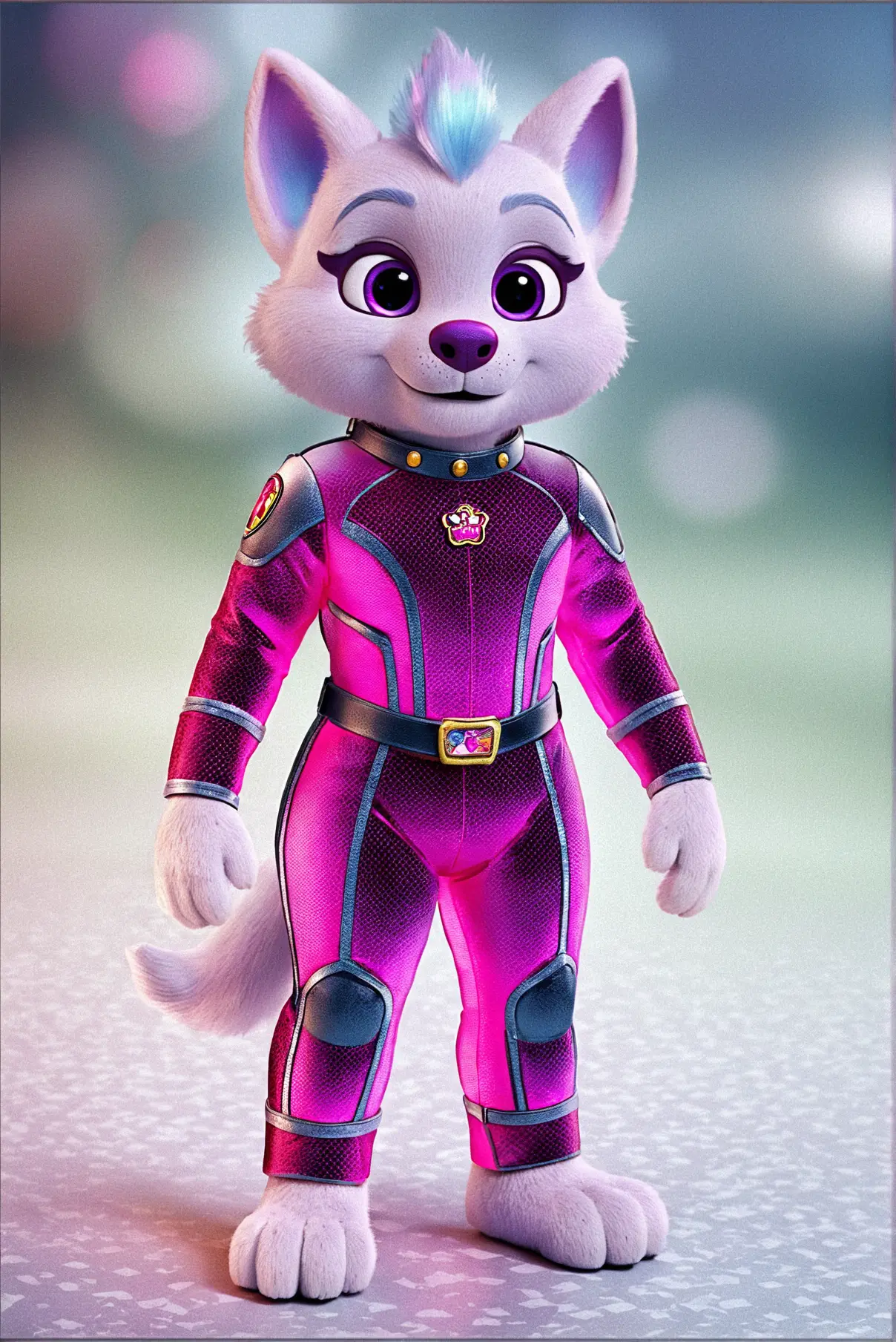 Full body mascot character standing in widescreen frame