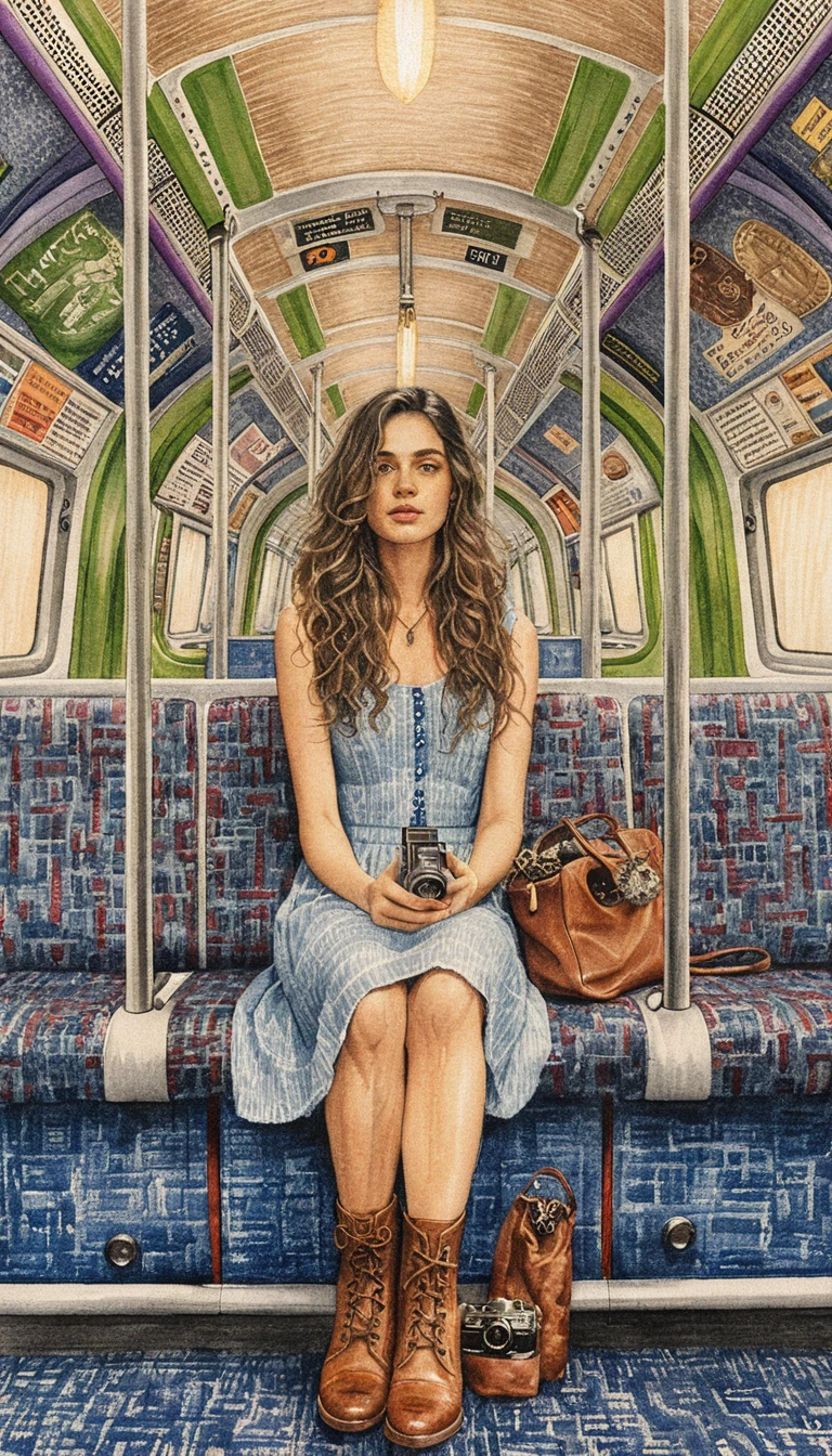 Young woman seated in a London subway carriage illustration