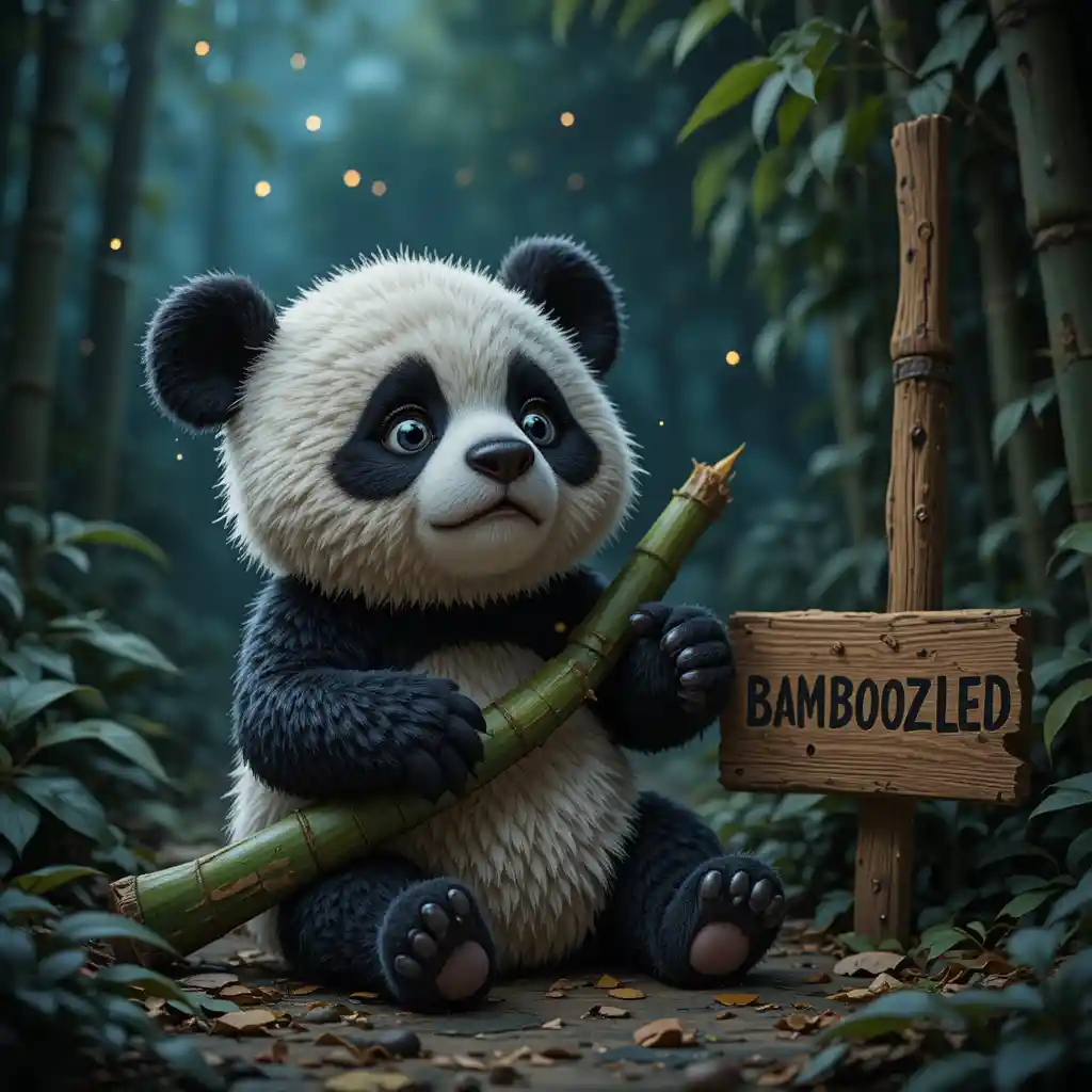 Confused panda with bamboo under glowing firefly night