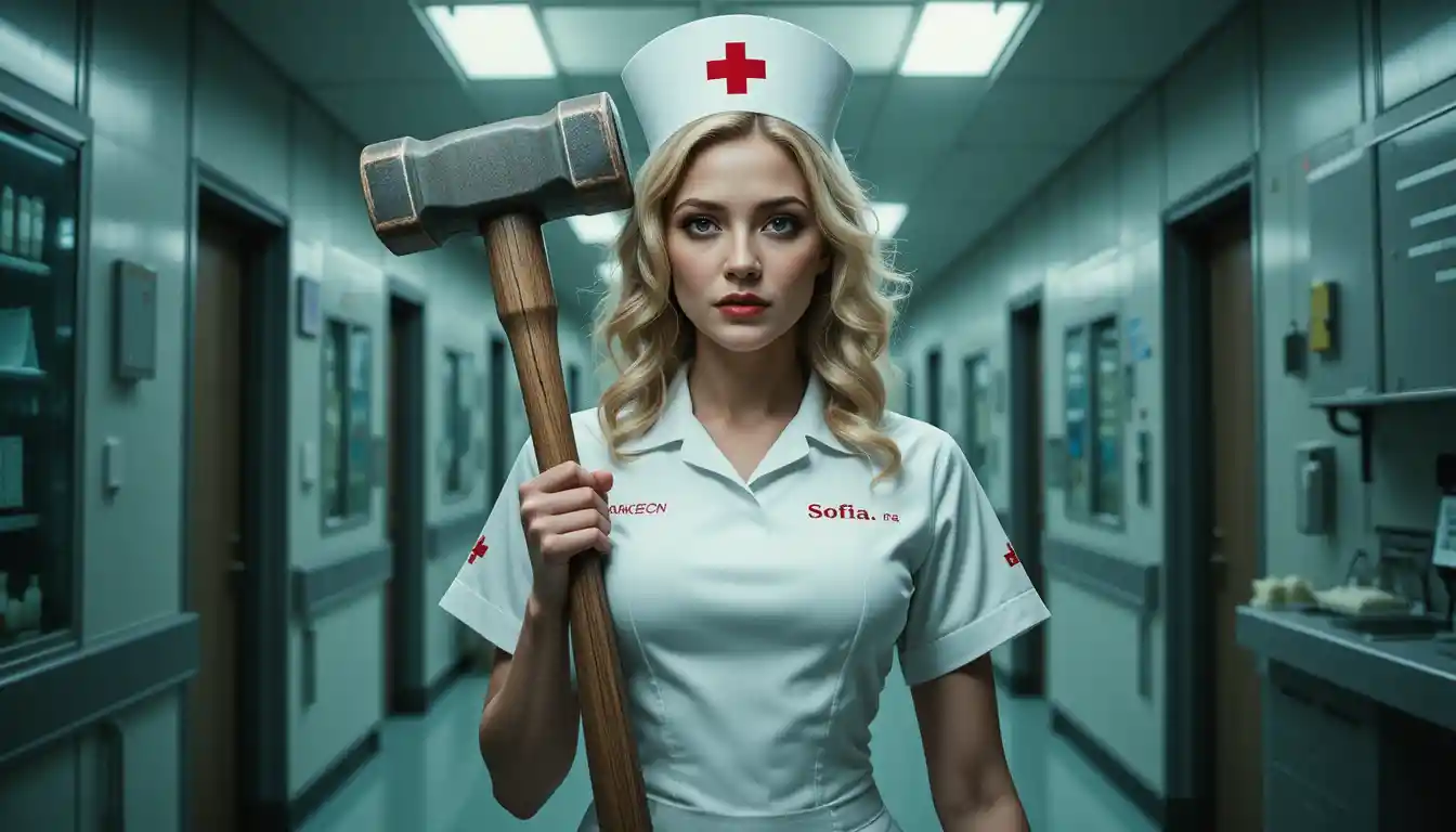 Blonde nurse holding a sledgehammer in a hospital corridor