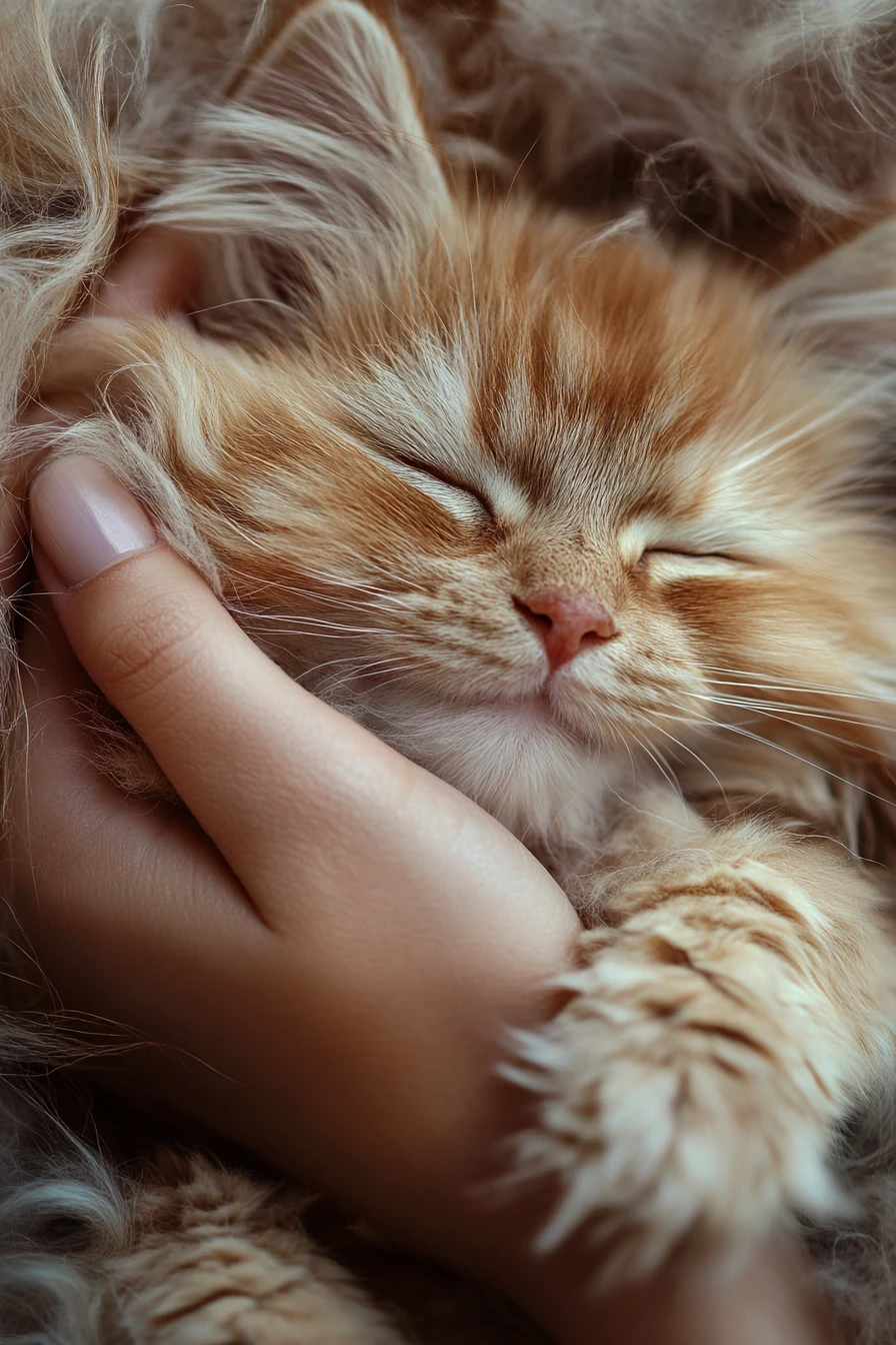 Fluffy long haired cat purring in a gentle close up