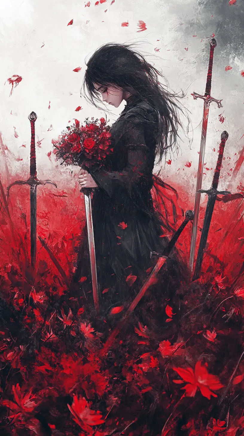 Sad girl walking in a field of swords and red mist