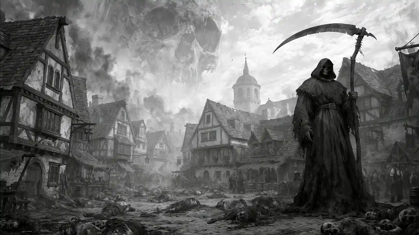 Grayscale grim reaper towering over plague stricken village