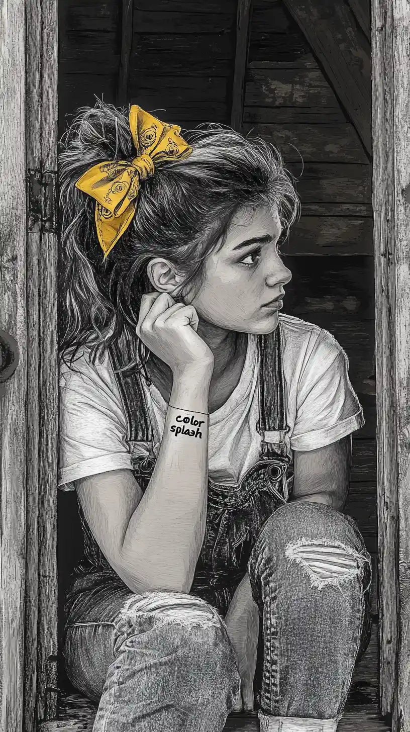 Pensive girl in ink sketch sitting in rustic wooden doorway