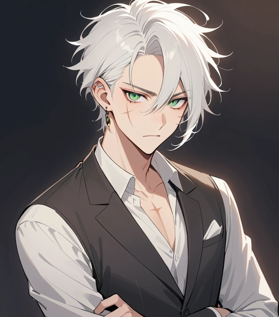 White haired man with green eyes in a black suit