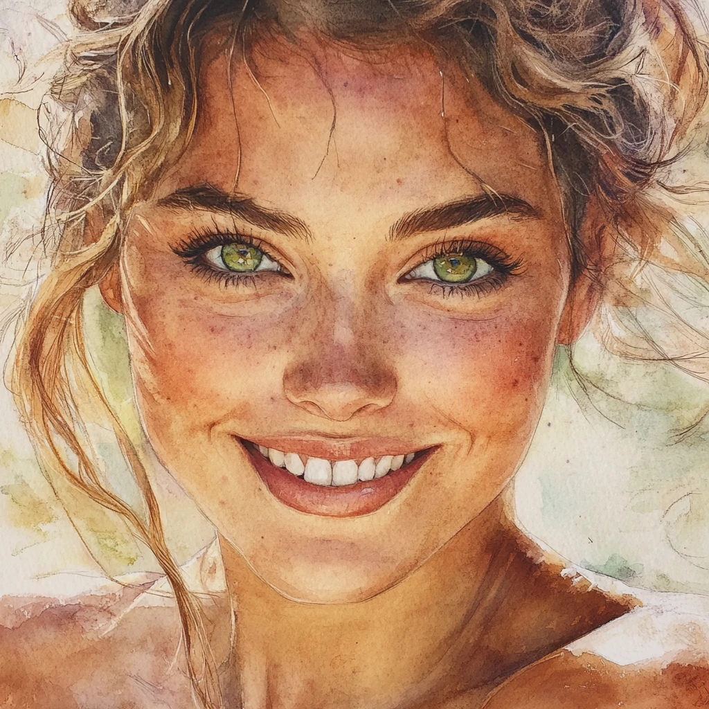 Smiling watercolor portrait of a friendly blonde girl