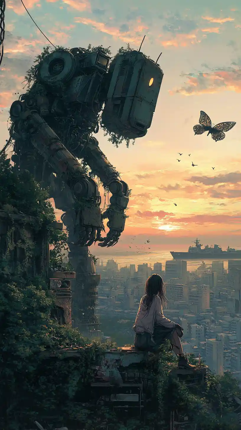 Anime girl resting on the arm of a ruined giant robot