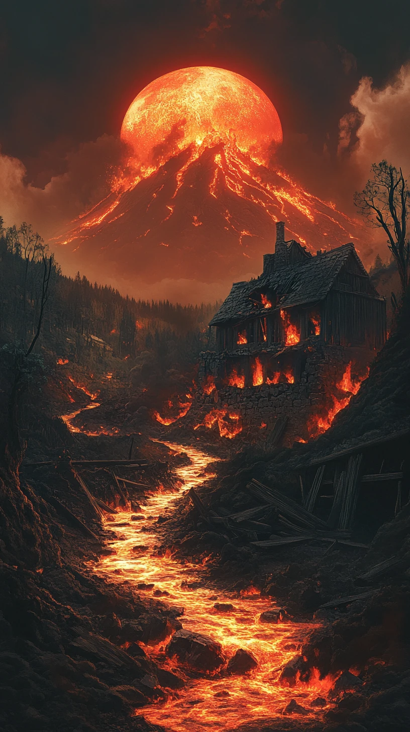 Distant erupting volcano above a burning lava river