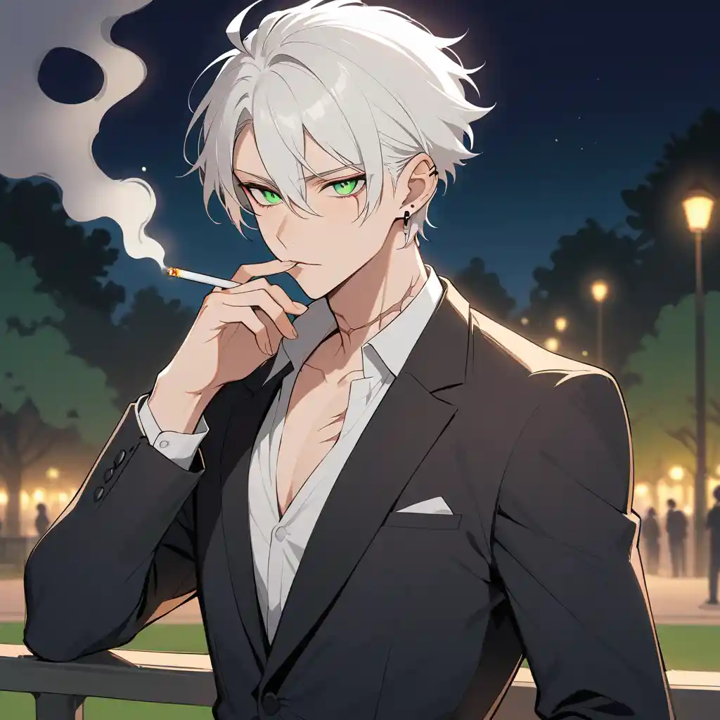 Man in black suit smoking in a dim night park