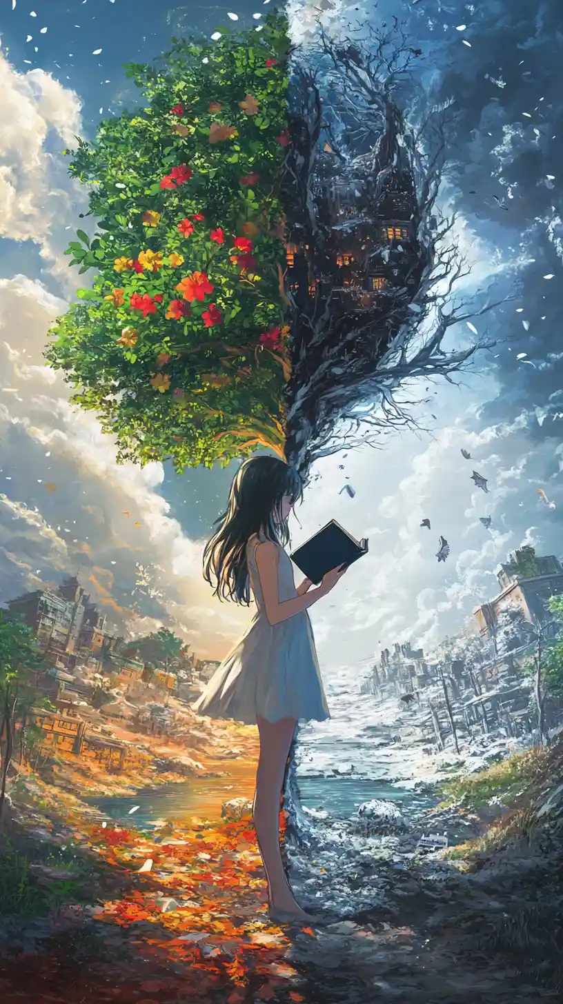 Anime girl reading a book beneath a divided tree