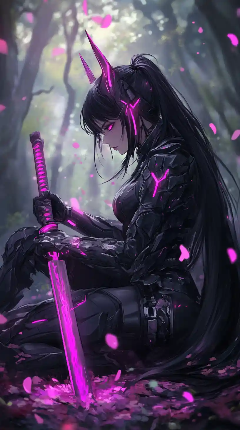 Cyberpunk demon warrior woman in a neon forest