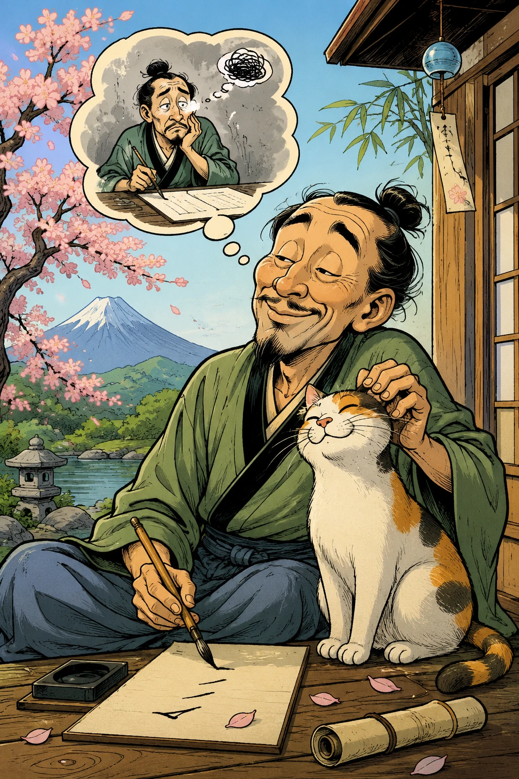 Cartoon poet gently petting a friendly cat companion