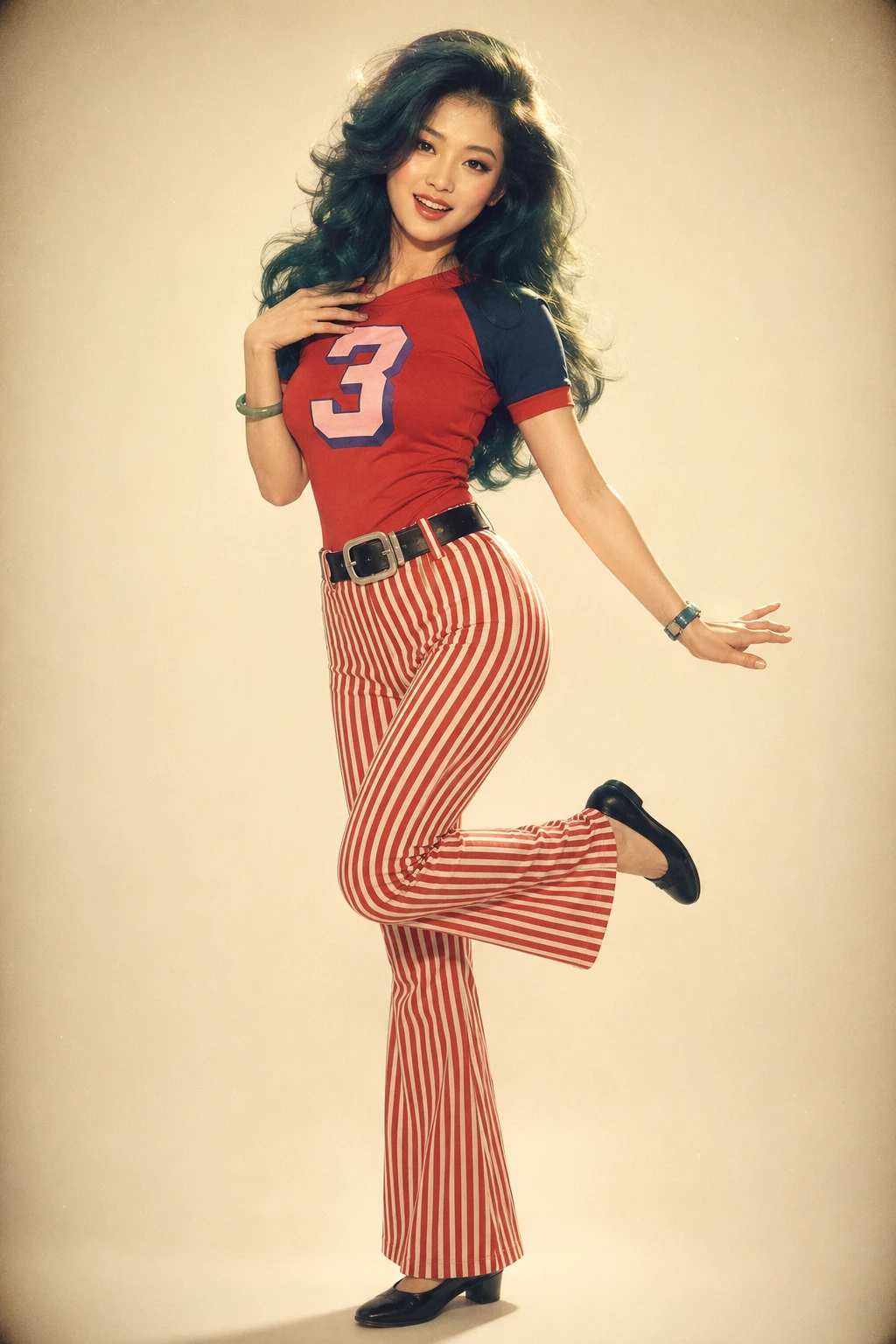 Vintage full body portrait of playful stylish woman