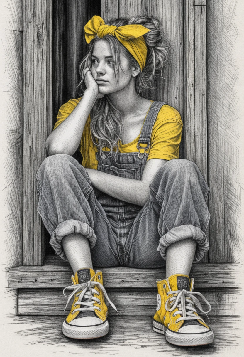 Young woman in overalls sitting in a rustic wooden doorway