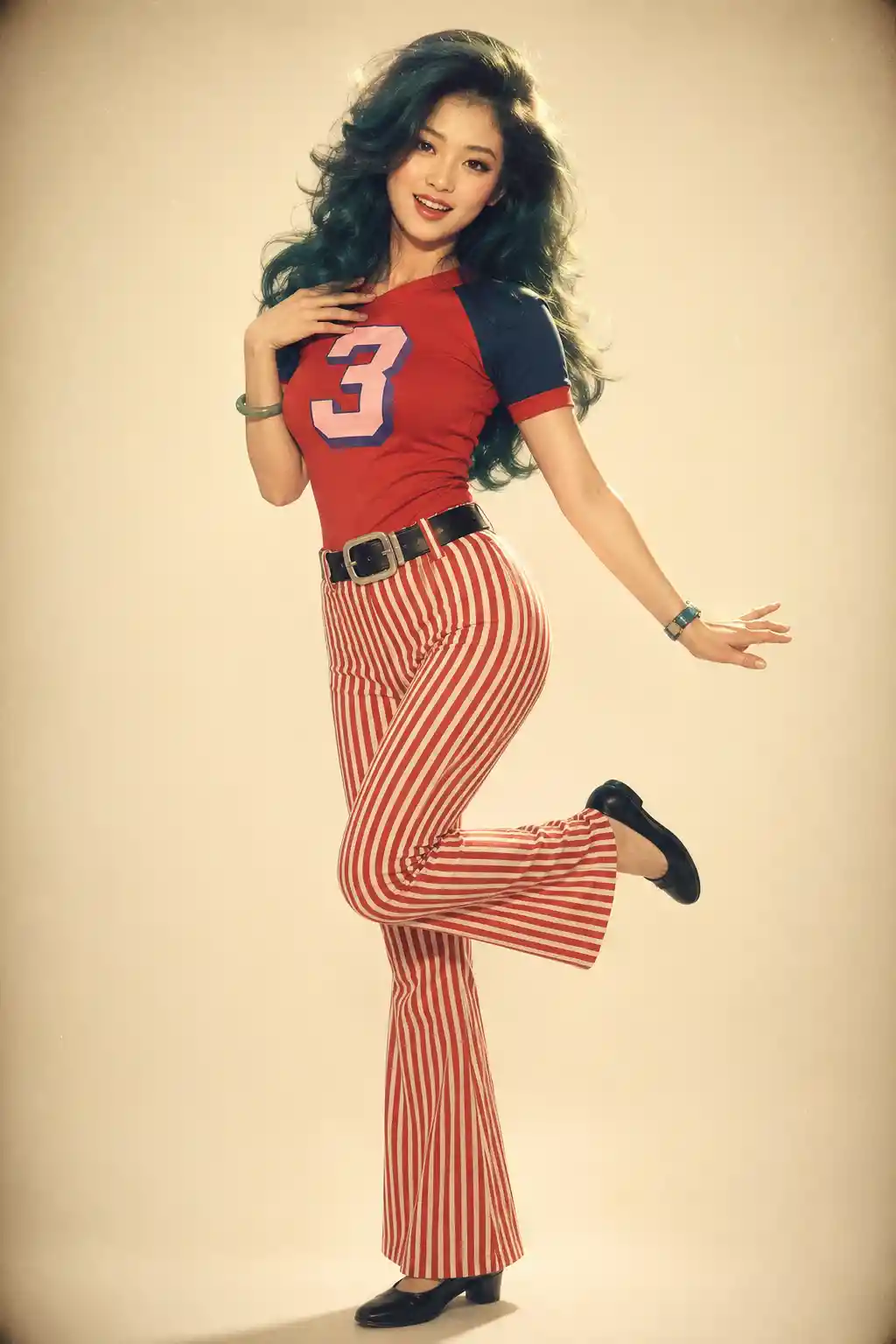 Vintage full body portrait of playful stylish woman