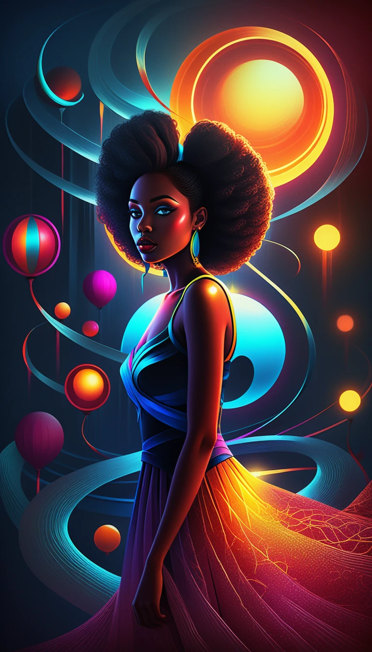 Surreal portrait of a black woman in hypnotic patterned world