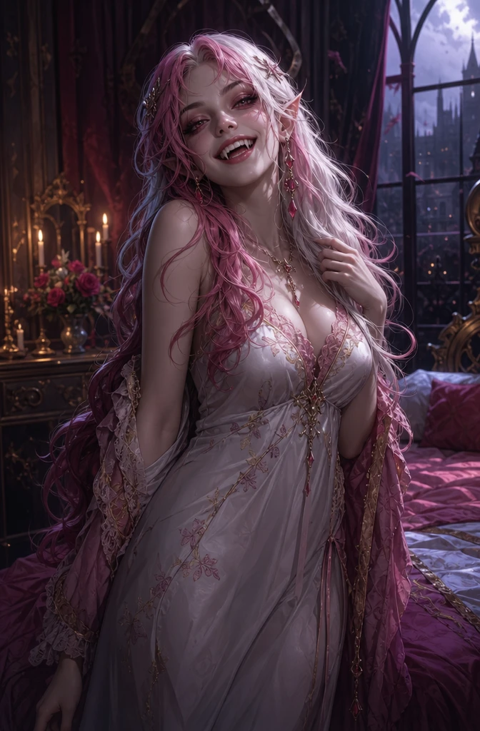 Playful fantasy woman smiling beside a bedroom bed