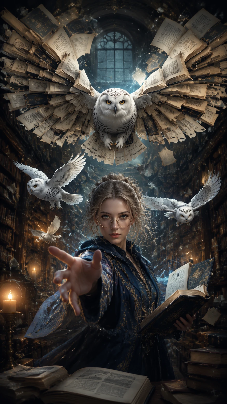 Mystical librarian reaching out as snowy owls emerge from books