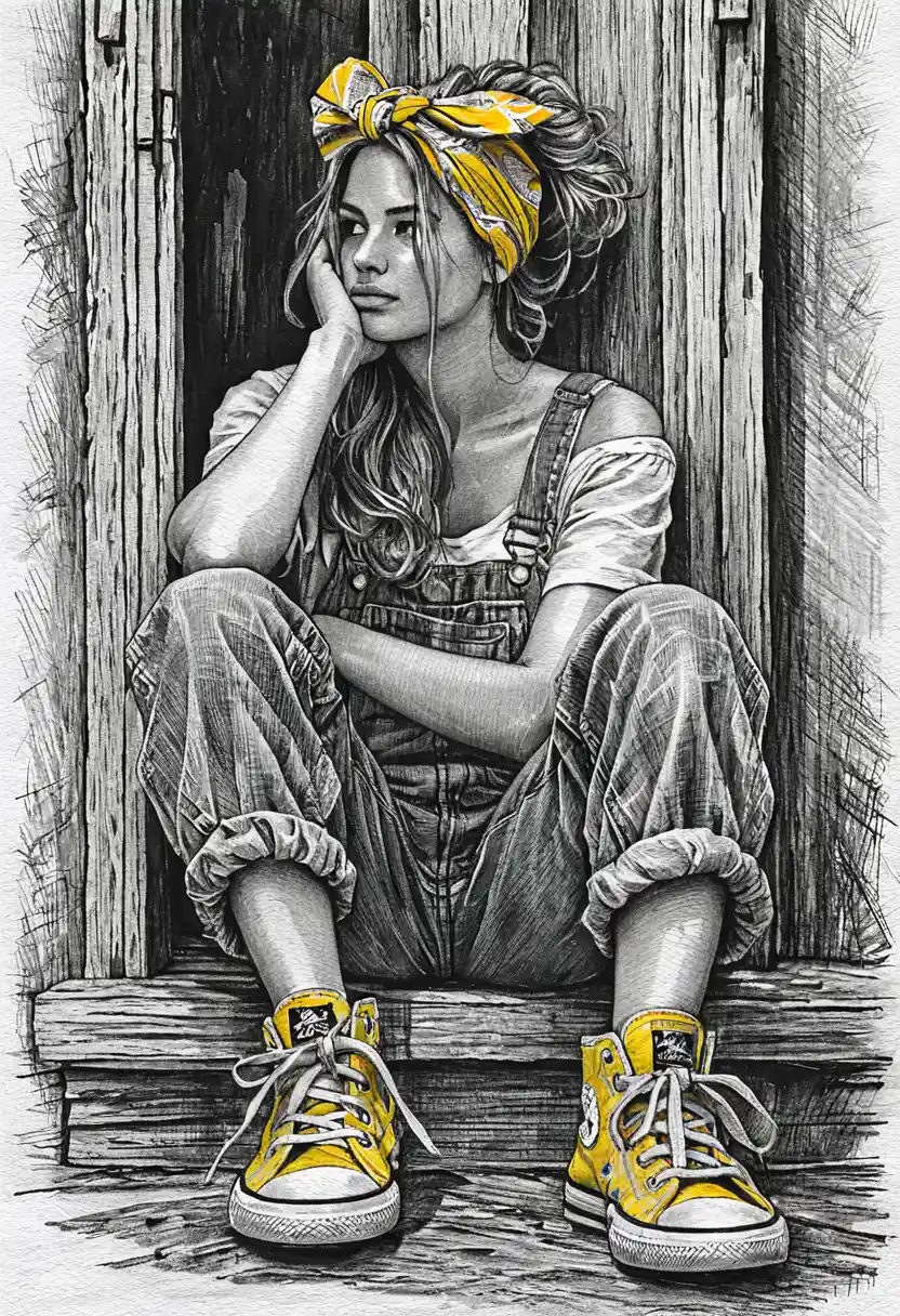 Pensive girl in ink drawing sitting in rustic doorway