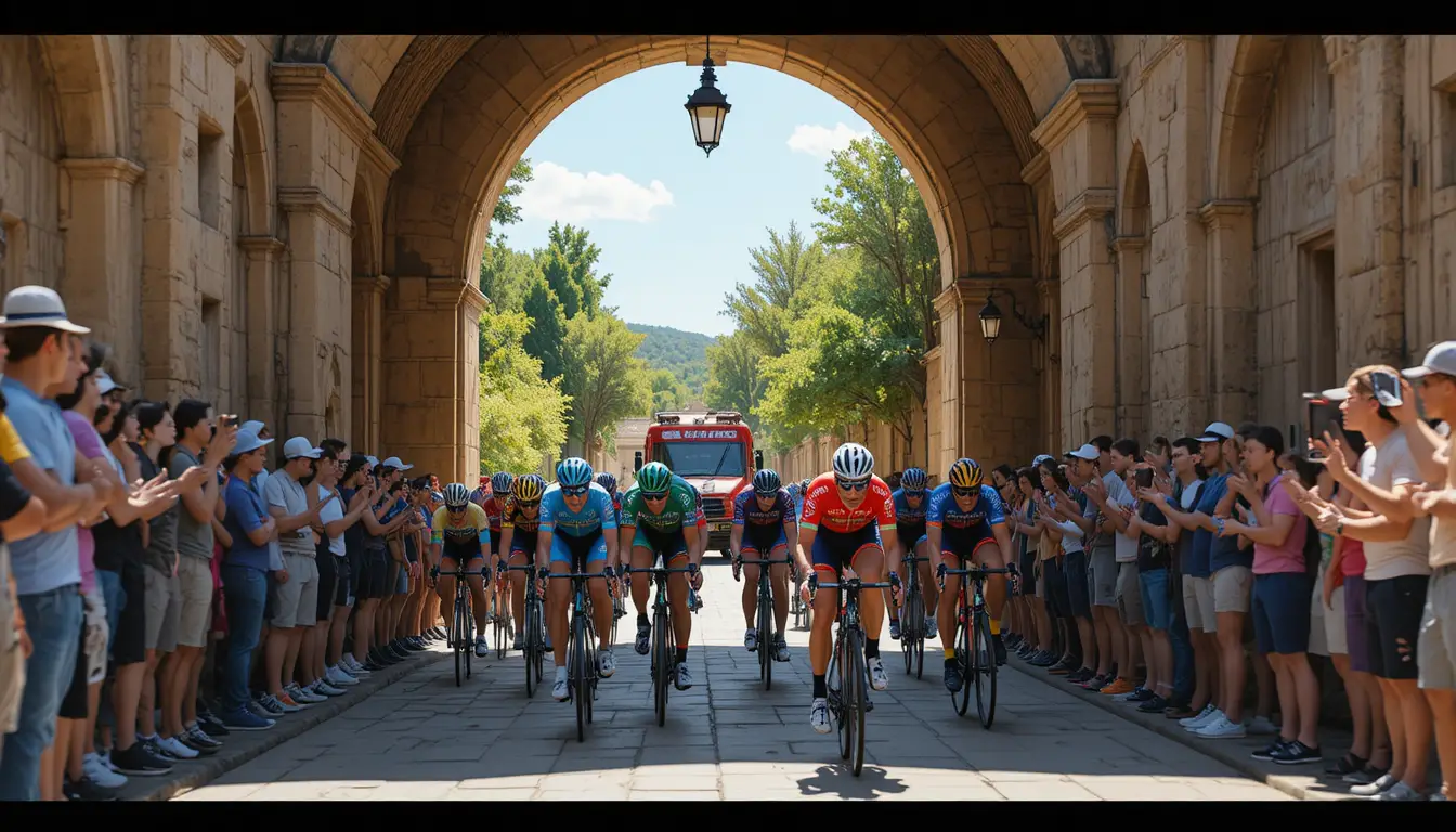 Cyclists racing through an ancient stone archway in sunlight