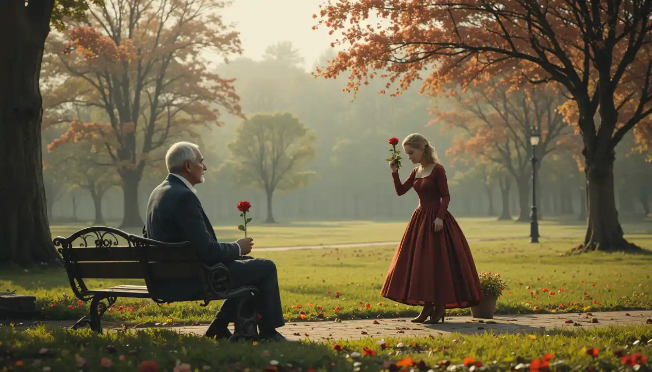 Elderly man sitting alone on a park bench with a rose